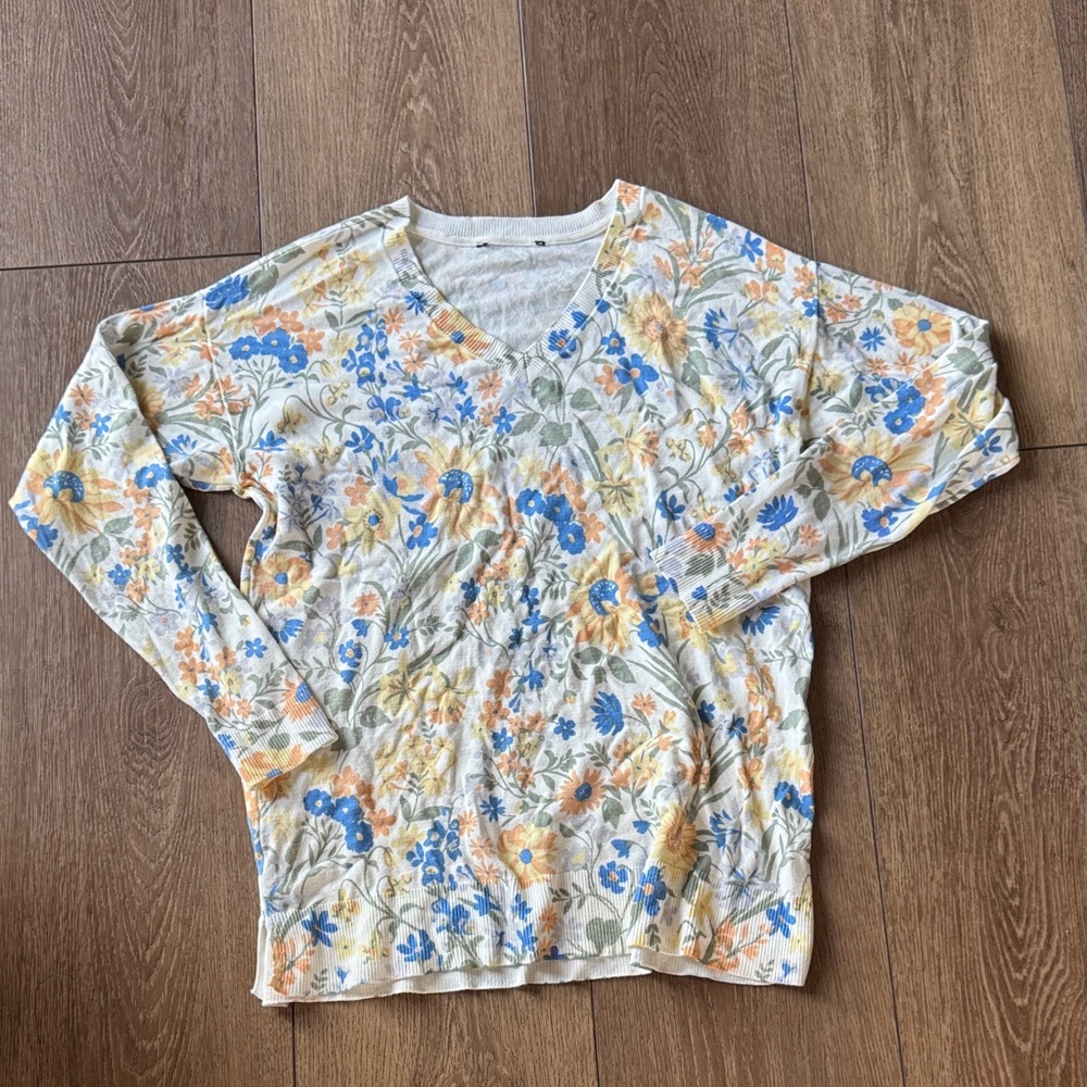 Floral V-Neck Sweater - Blue, Yellow & Cream